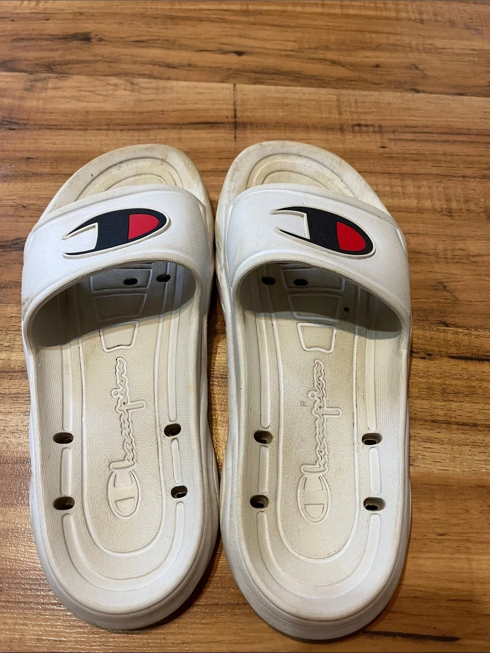Champion White youth Slide Sandals with Red & Black Logo